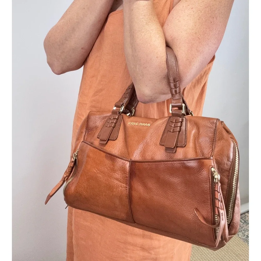 Cole Haan Cognac Leather Satchel Braided Handle Doctor Bag Brown Gold Hardware